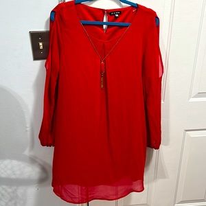 Women's red dress with open cut long sleeves ; with built in necklace!